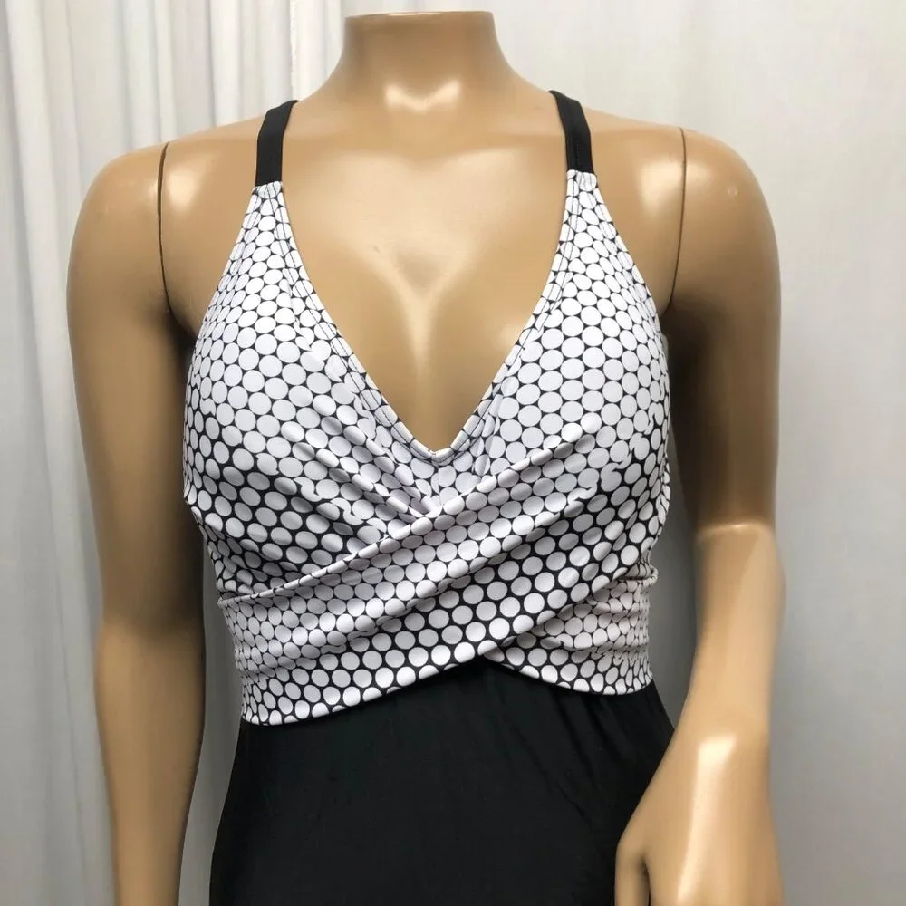 B2Prity Black White Polka Dot Wrap One-Piece Swimsuit Womens Size Large NEW